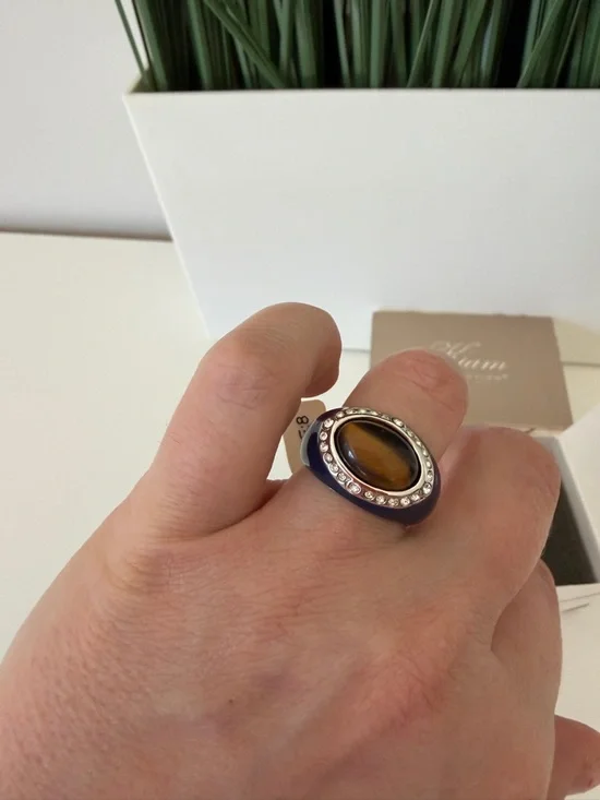 Oval Tiger's Eye Statement Ring with Rhinestone Halo - Picture 3 of 6